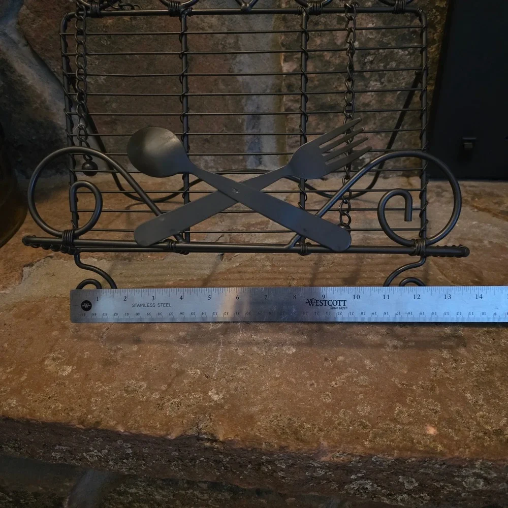 Black Wrought Iron Cookbook Stand Scrollwork Easel with Page Weights Fork Spoon